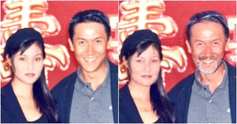 马德钟与太太张筱兰用手机App将照片中的自己变老，喻意大家相爱到老。