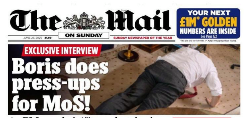 《每日邮报》以约翰逊即场做掌上压作为封面照片，惟一些网民指“不想看他屁股！”。（图：互联网）