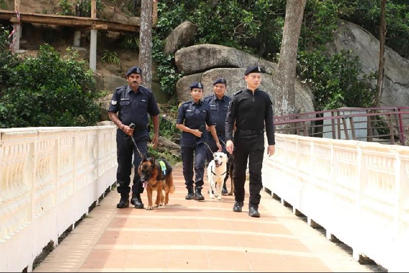 除了“老吴”（左二），还有与其形影不离的领犬员山姆甘（左一）与同伴及警员们一起守护人民安全。右一为谢志超。