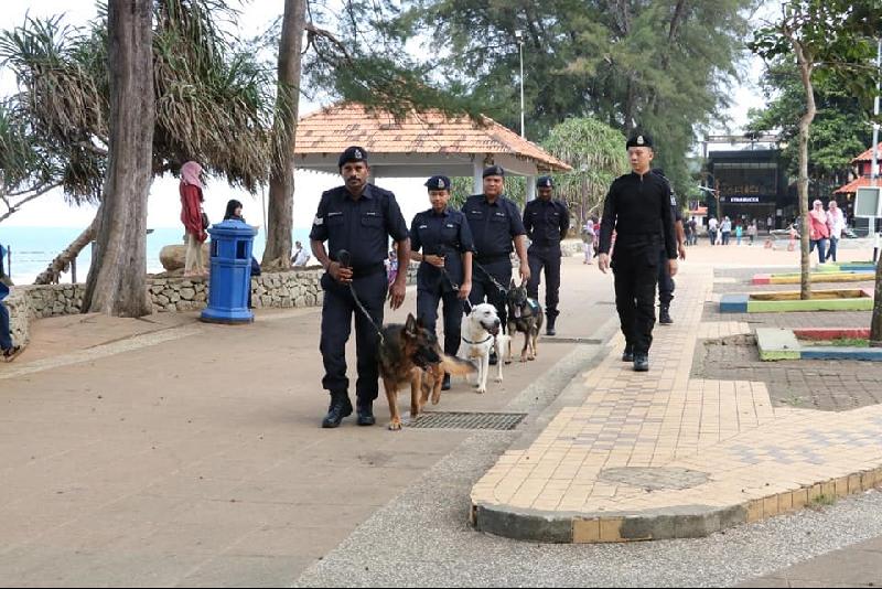 身穿制服的警犬与警员们一起走在直落尖不辣海滩上，顿成人们焦点。（图取自彭亨警察脸书专页）