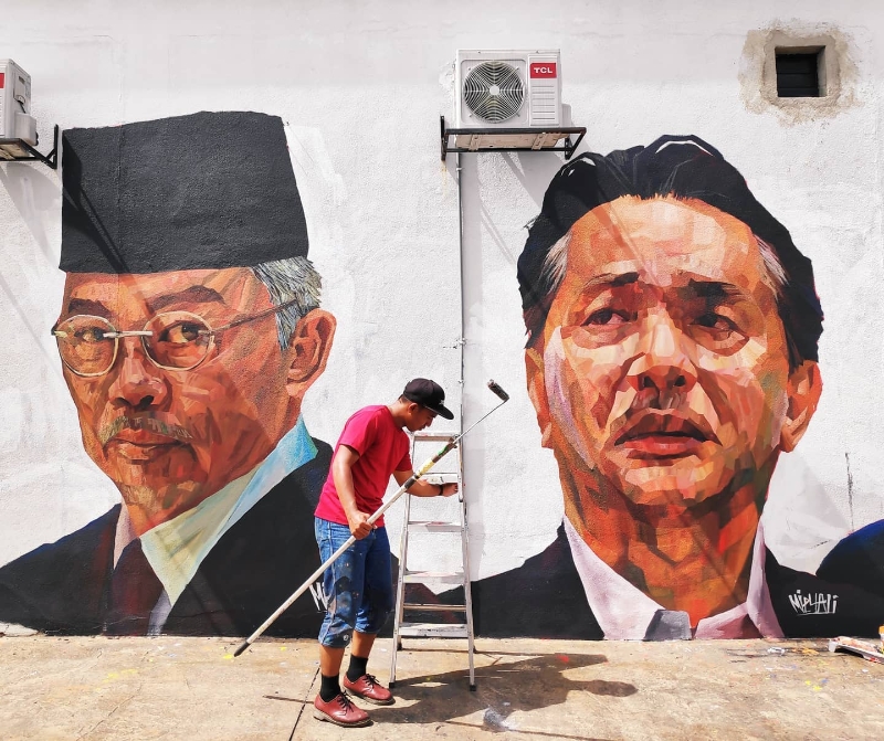 苏海米在墙上画上国家元首及诺希山的肖像，引起网民一众好评。（图取自脸书）