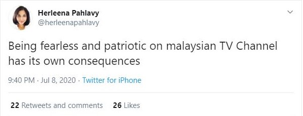 荷莉娜表示，在马来西亚的电视台勇敢发言和表现出爱国主义，反而会带来后果。