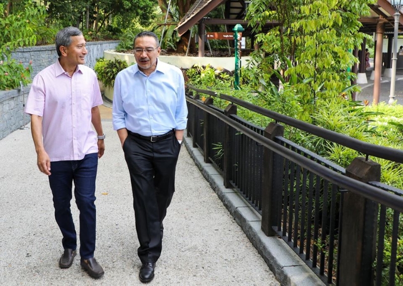 新加坡外长维文（左）在脸书专页贴出与马来西亚外长希山慕丁去年的合照，当时他们在新加坡植物园的“绿色通道”散步，寓意马新两国即将开通绿色通道，让符合资格者可以往返马新工作。