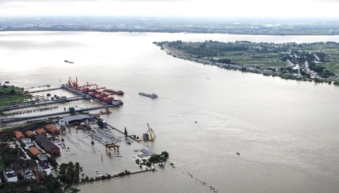 Aerial view of the Yangtze River where the water level has risen in Jiujiang. AFP