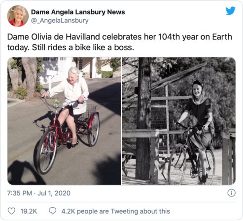 奥莉薇亚104岁生日当天骑脚车的照片一度在推特疯传。