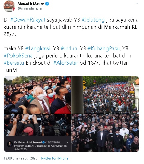 阿末马兹兰在推特帖文，指如果参与声援活动或集会的人士需要被隔离，那马哈迪、慕克力、阿米鲁丁及马夫兹也需要被隔离。