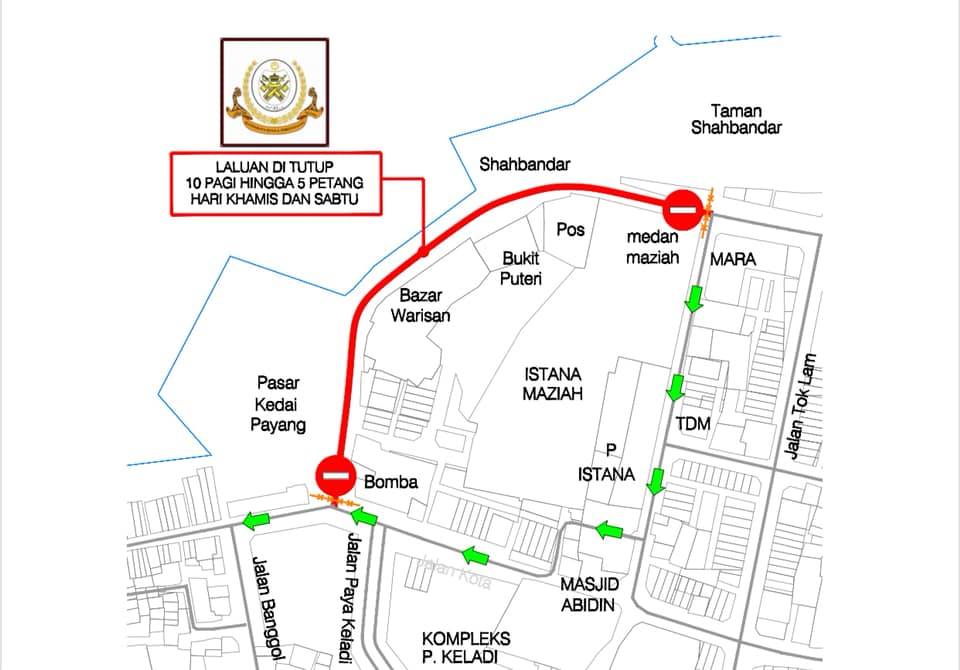 逢周四及周六早上10时至下午5时，车辆禁止从王宫路段前往格泰巴央巴刹。