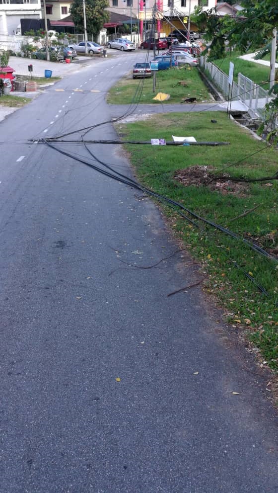 太平村1路的电线杆遭肇事重型罗里扯断倒在路上，该村的通讯也受到影响。