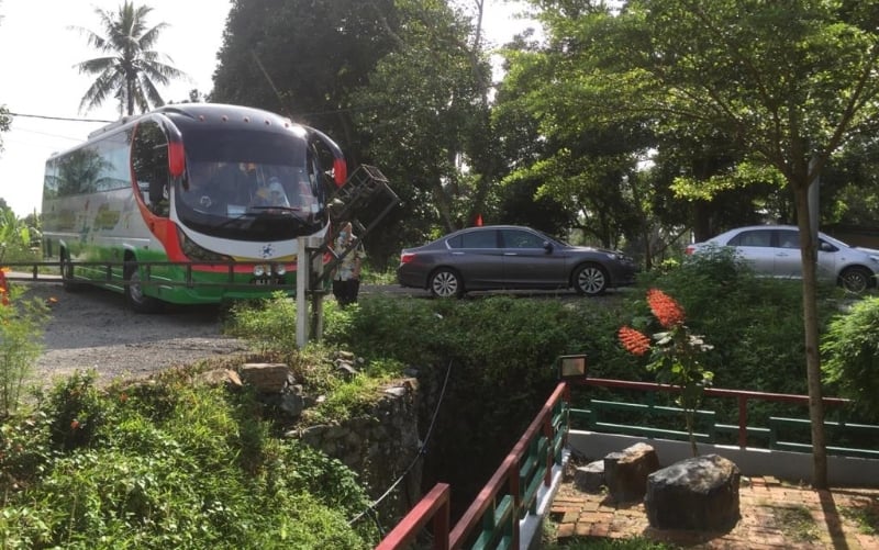 旅游巴士及游客在假日时，涌到竹林苑准备观赏景点。