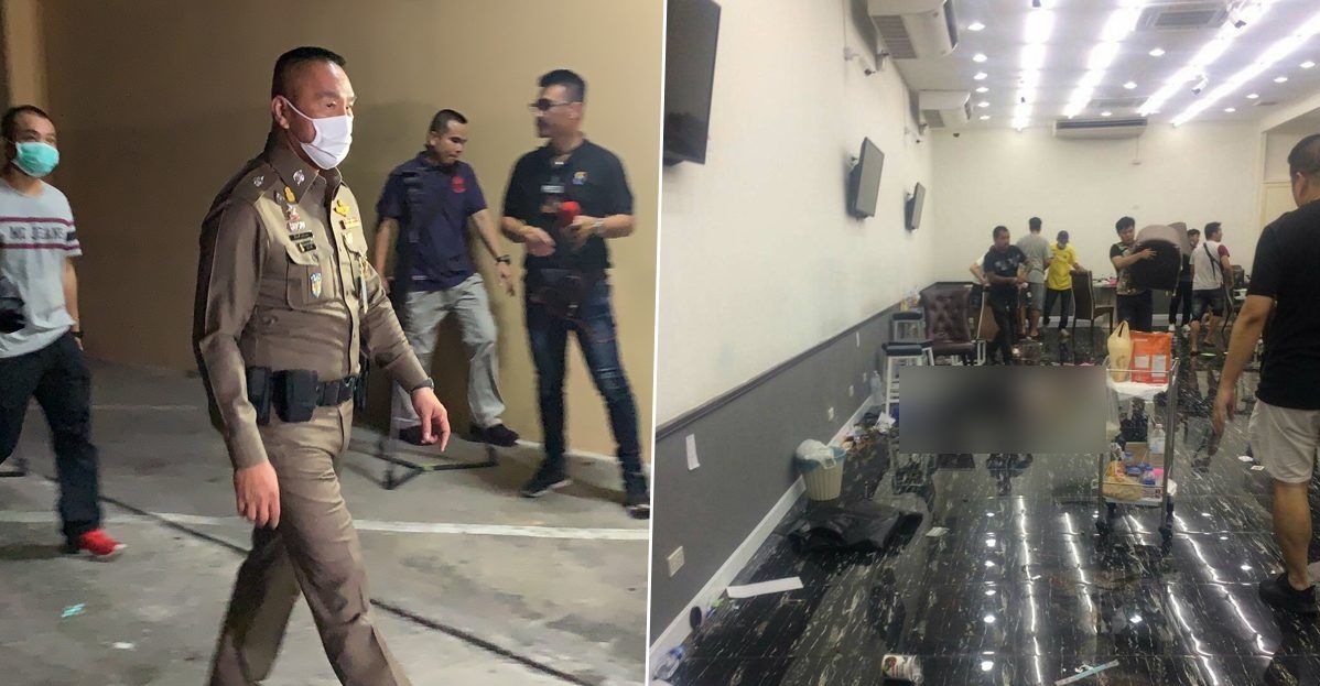 泰国地下赌场发生枪击事件，造成4人死亡，警方接报后到场调查，场面一片凌乱（右图）。（互联网照片）