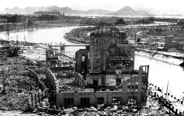 A September 1945 file picture showing the remains of the Hiroshima Prefectural Industrial Promotion Hall after the atomic bombing. AFP