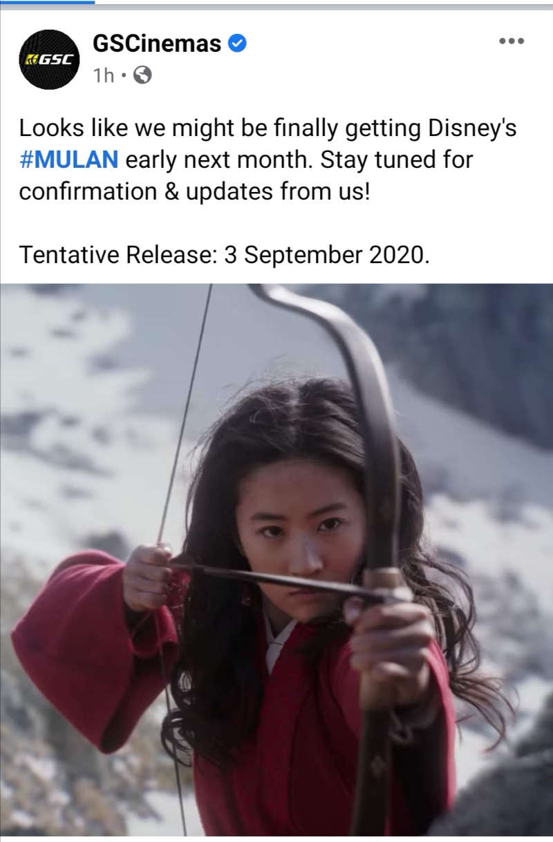 GSC在脸书预告，如无意外，《花木兰》会于9月3日在大马电影院上映，请大家等待他们进一步确认 。