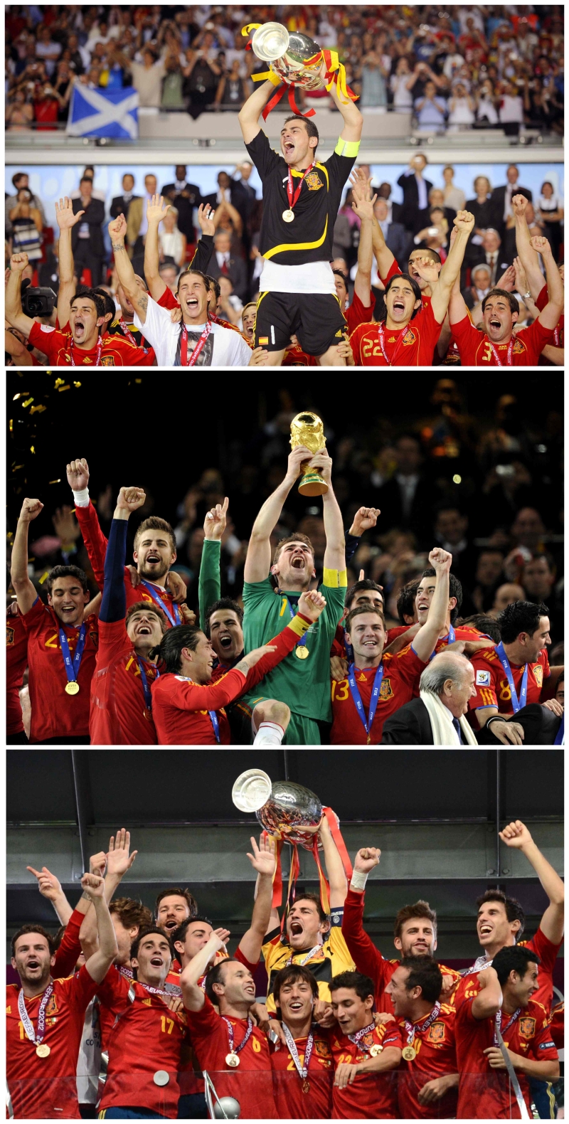 西班牙队是足球历史上最伟大的国家队之一，其门将卡西拉斯退役，图上至下为他捧起2008年欧洲杯、2010南非世界杯以及2012年欧洲杯。（法新社档案照）