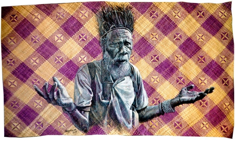 沙果耀利用彩色亚克力在露兜叶垫上作画，作品为"Malok Hak Kan Nik " (我们的人权呢？）（图：受访者提供）