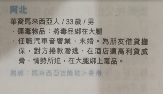 香港报章列出其中一名被囚禁在当地的大马华裔男子案例，后者是因为为友人借贷担保而被高利贷威胁沦为毒骡。

