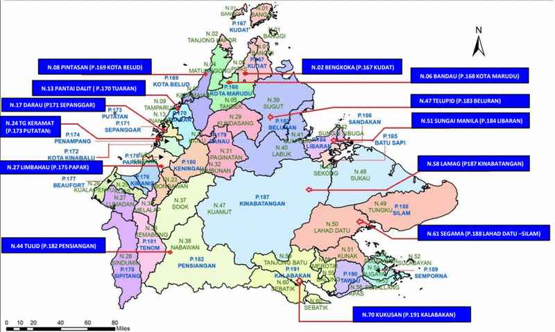 沙巴州议席包括13个新选区分布图。