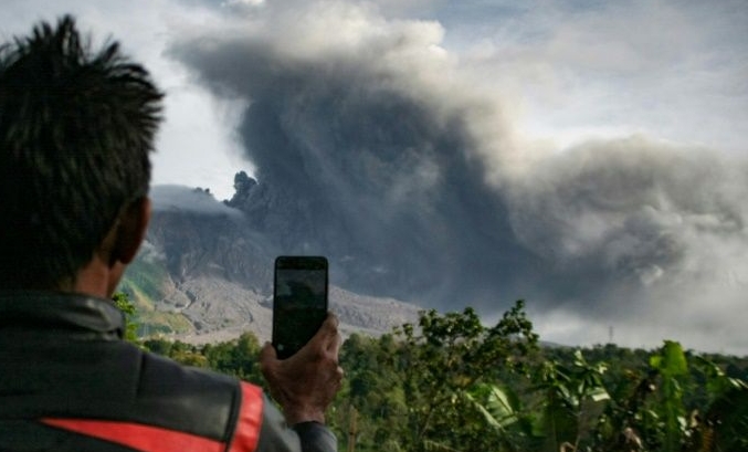 Mount Sinabung belched ash 2km into the sky when it erupted. AFP