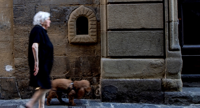 A woman walks with her dog past a 