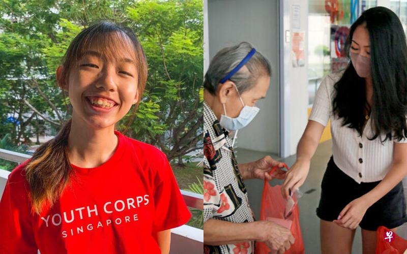 （左图）今年19岁的温秀晴在疫情期间首次参与新加坡青年志愿团队的志愿活动，希望能把假期的空余时间充分利用在有意义的事情上。（受访者提供）（右图）卡丽娜（右二）和团队每个星期六都会亲自到小贩中心购买爱心食品，过后再分派给不同的弱势群体。