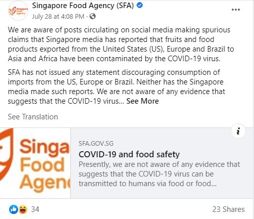 网传新加坡政府禁止美国等国家的食品进口，当局否认发出此类声明。（脸书截图）