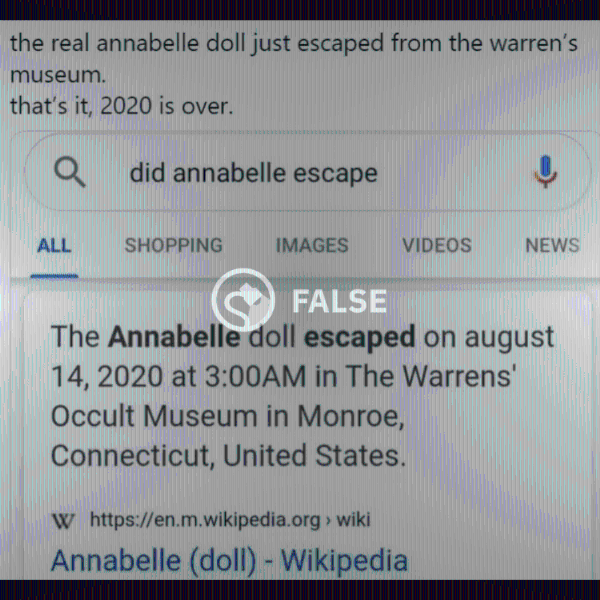 网传消息称，维基百科有关安娜贝尔鬼娃娃资料的页面显示，该鬼娃娃在上周五（14日）逃脱华伦夫妇的博物馆，引起网民热议。