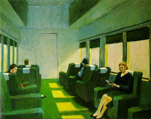 “Chair Car”, 1965 / 爱德华．霍普（Edward Hopper）画作。美国画家爱德华．霍普的画作精确地表达了城市喧嚣之中的孤寂和忧伤。这些画作总是光线充沛，却对比着人物内心的寂寞。在瘟疫蔓延的当下，画家似乎提早看见了人与人之间那道无法跨越的距离。