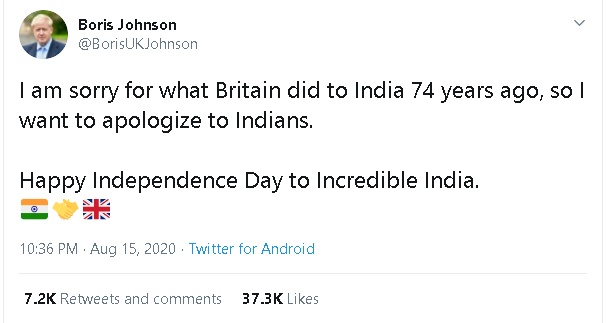 有山寨推特账号冒用约翰逊的名义，在推特上针对英国殖民印度的历史向印度公民道歉。