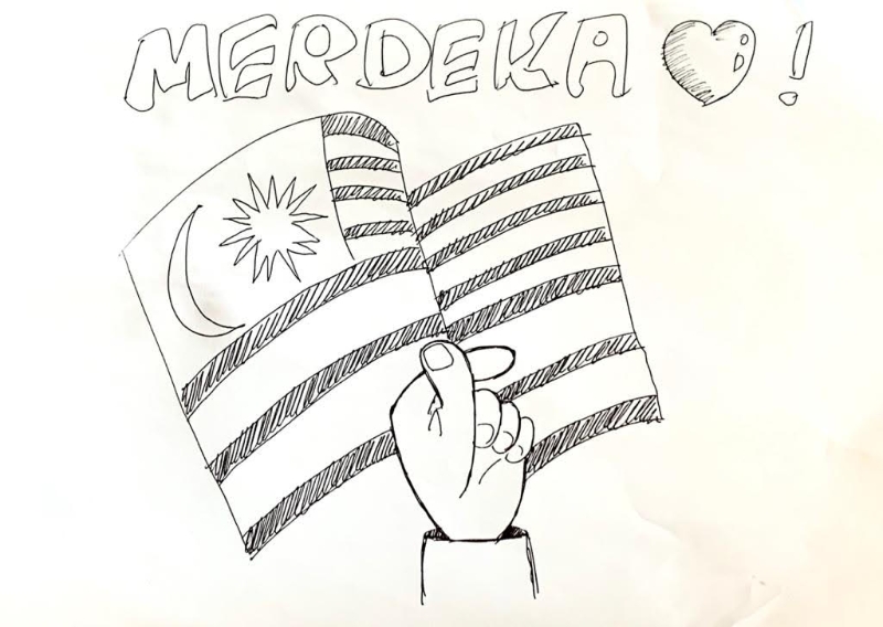 吴维彬手绘国旗，比手指爱心高呼：“Merdeka！”