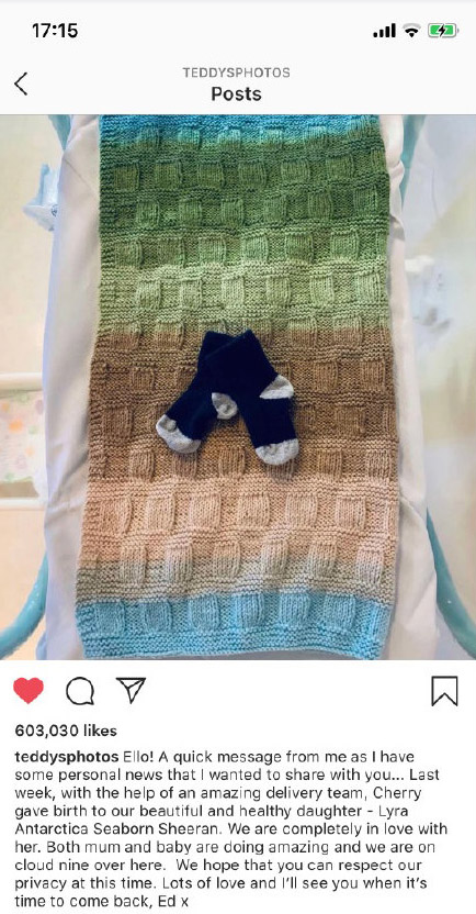 艾德希兰在IG放上婴儿袜子与毯子，宣布与老婆生下女儿莱拉