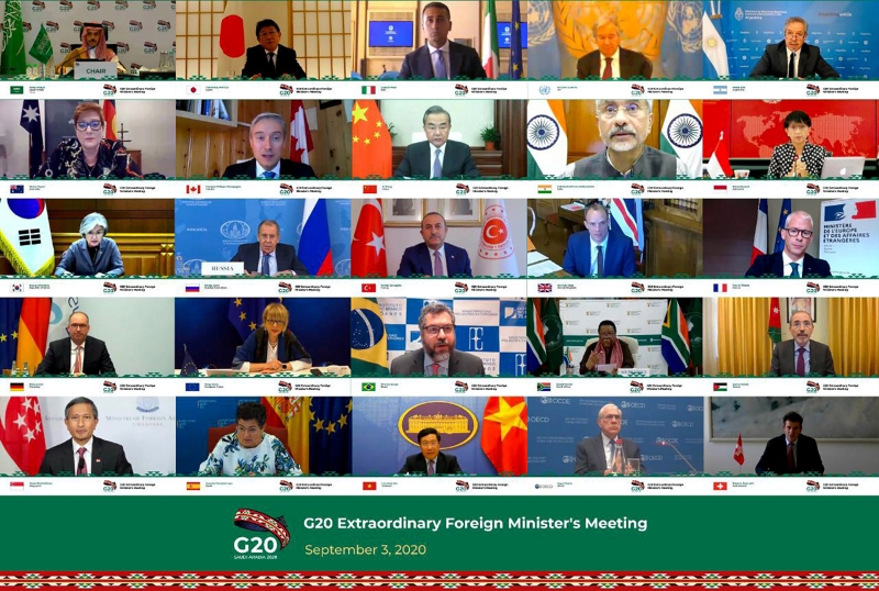 G20集团周四举行外长视讯峰会，讨论如何加强国际合作，以便从冠病大流行中复苏，并对未来疫情作准备。（图：法新社）
