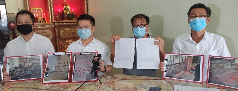 王德兴（右二）希望阿窿不要再骚扰他怡保的家人和新加坡的儿子。左起是胡永勤、刘国南；右一是黎旺文。