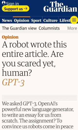 英国《衞报》“请”了由人工智能科研公司OpenAI 开发的文字生成人工智能GPT-3写一篇文章，说服人类相信人工智能其实是爱好和平的，“被造出来只为让人类的生活更好”。（互联网照片）