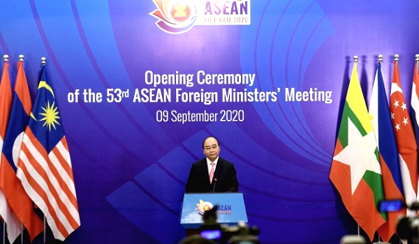 Vietnam Prime Minister Nguyen Xuan Phuc addresses a live video conference during the opening ceremony of the 53rd Asean Foreign Ministers' Meeting held online due to the coronavirus.