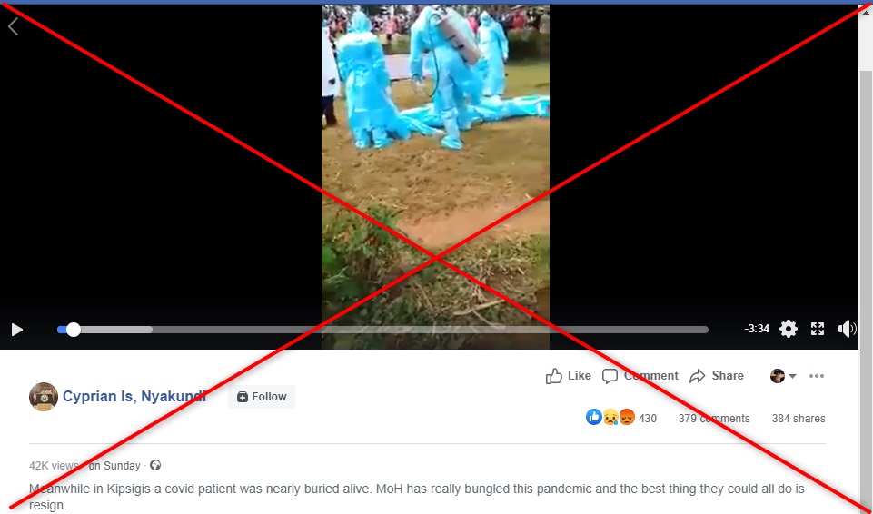 网传视频指肯尼亚差点活埋冠状病毒的患者，但事实上有关男子只是参与在葬礼上抬棺的亲属，因为不适应穿PPE装而昏倒。

