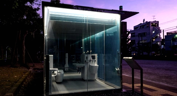 A new block of toilets in Tokyo featuring transparent walls that turn opaque when the user locks the door. AFP