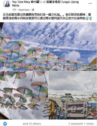 叶小瑂在脸书发文指带北马朋友去芙蓉文化街，结果发现彩伞已经破烂了。