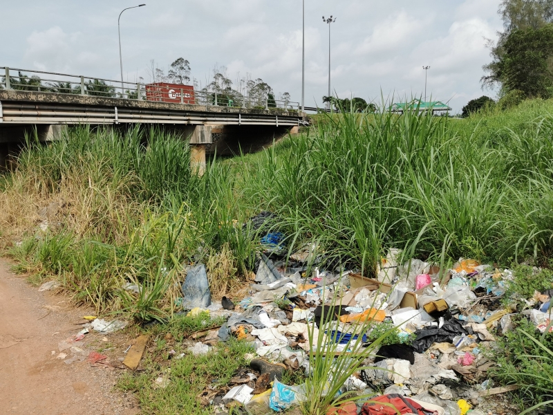永平通往亚依淡路路旁草丛的多个垃圾堆，靠近永平南北大道的南区收费站。