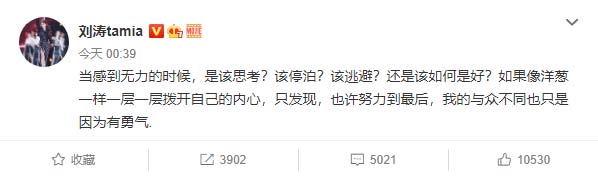刘涛发文表示，“也许努力到最后，我的与众不同也只是因为有勇气。”让网民纷纷担心留言，“这是咋了啊，涛姐？”