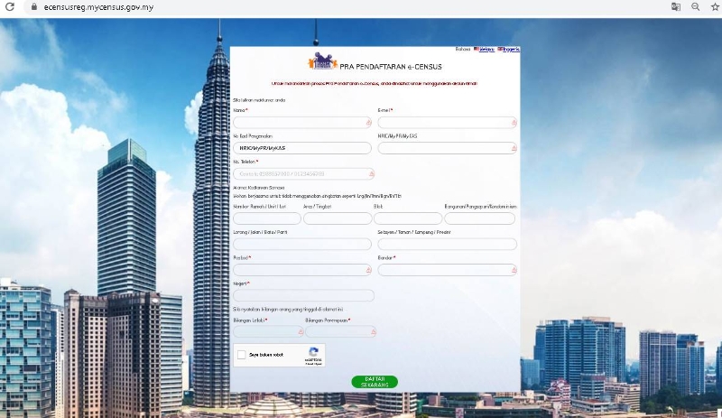民众必须先登入人口普查网站以进行注册，在完成输入个人资料后，就点击左下角白色格子的人机身份验证，然后再点击“现在登记”栏目。