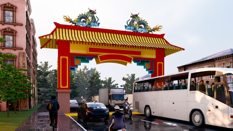 甘马挽牌楼的设计蓝图，牌楼凸显中华传统文化特色。