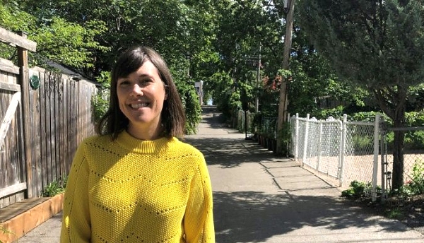 Montreal resident Marie-Eve Beaud says being able to meet with friends and neighbors in the city's greened back alleys and lanes has been an outlet during the pandemic. AFP