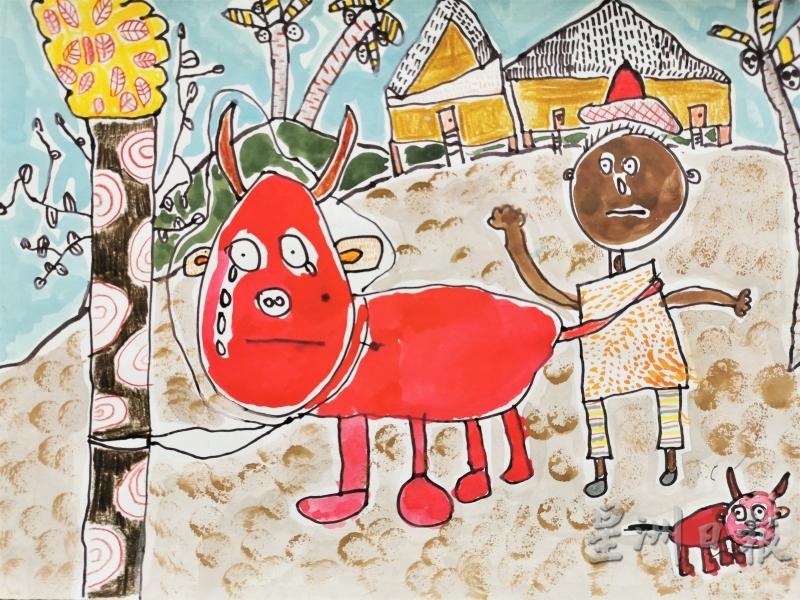 《水牛的命运》Low Jun Kai，9岁
品读画作：画者为水牛涂上红色，表示其处境极危险。田里的大脚印暗喻着老水牛的付出，但它却遭到农夫不人道的对待而流下泪水。右下角的小水牛看到老水牛的命运，仿佛决定逃之夭夭。