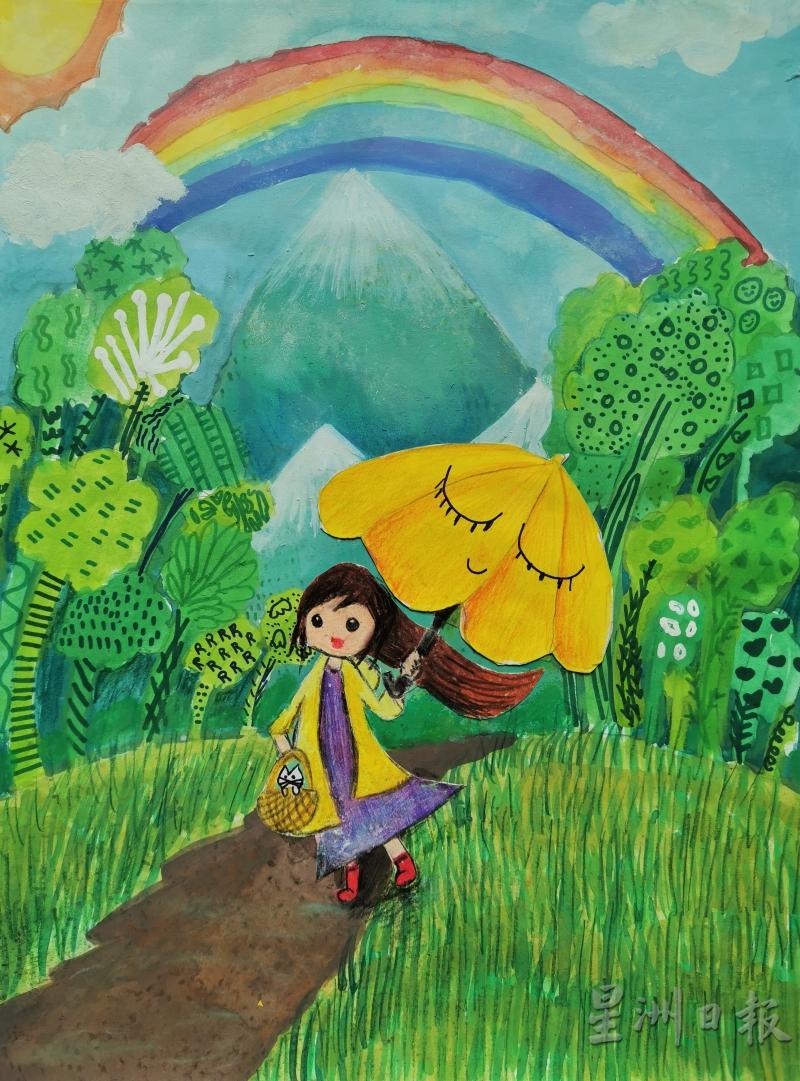 《雨后》Kayla Chin Li Tung, 10岁
品读画作：主角在雨后撑着黄色笑脸的雨伞，带着轻盈的脚步前往目的地。她飘柔的秀发及摇摆的树木，让人不自觉地感受到雨后一阵阵迎面扑来的凉风，让人心旷神怡。黄色隐喻着幸福，太阳代表光明，彩虹则象征着希望。只要带着正面的心态面对暴风雨，雨后绝对可看见生命中的彩虹。