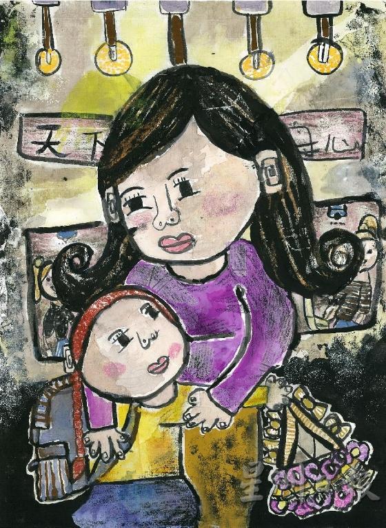 《妈妈》Lee Ming Yu, 10岁
品读画作：孩子背着书包抱着妈妈，暗喻着她在学校都不断地想念着妈妈，一回到家就扑向妈妈的怀抱。 右下角的花代表着感恩妈妈的付出。黑暗背景中的灯泡更表明了妈妈如她生命中的明灯。
