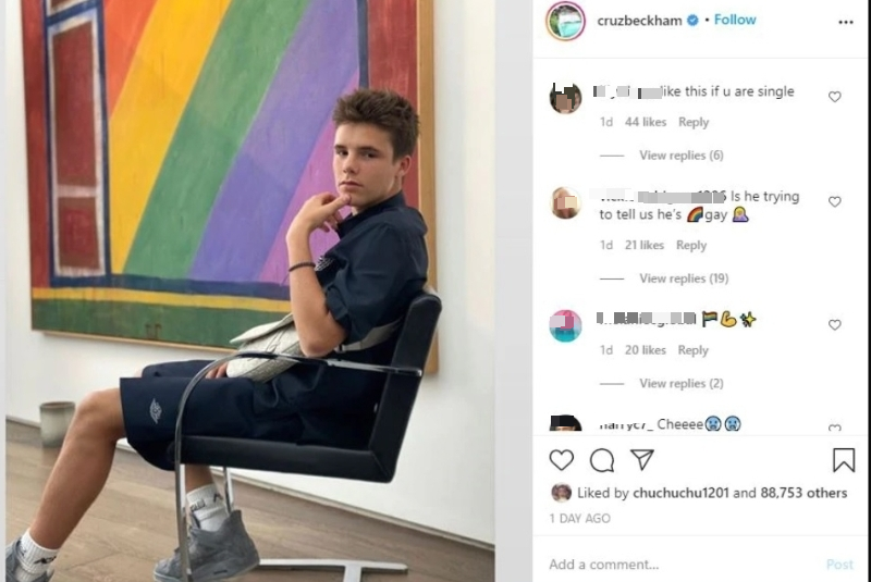 贝克汉姆小儿子克鲁兹独坐在椅子上，背后墙上挂着一幅七彩的油画，被网民怀疑他暗示自己是同志。