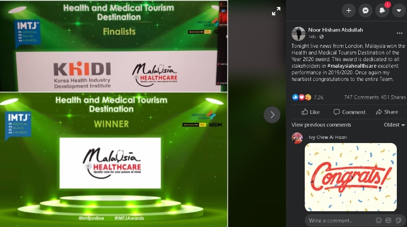 诺希山在推特恭贺马来西亚获国际医疗旅游杂志（IMTJ）颁发“健康与医疗旅游目的地奖”。