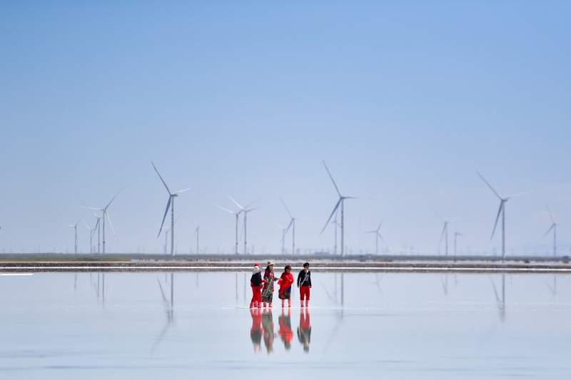 茶卡盐湖生产绿色食用盐之余，风力发电也是重要的一环。