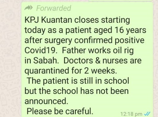 关丹KPL专科医院传有冠病确证病例，被勒令关闭2周，但彭卫生局否认此事。


