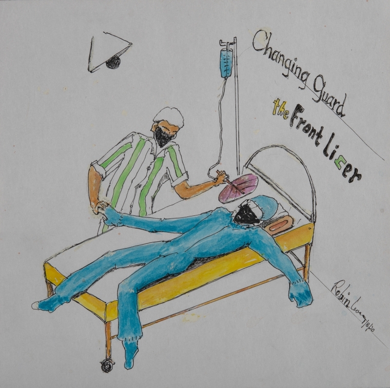 梁志君体恤医护人员为患者生命保驾的辛劳，画了这幅画来给他们打气加油！