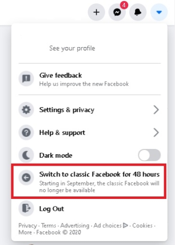 早前想要旧版界面，可以点击脸书右上角的箭头图标，点选“切换成经典版Facebook并维持48小时”。然而，有些用户反映这个选项已经消失了。